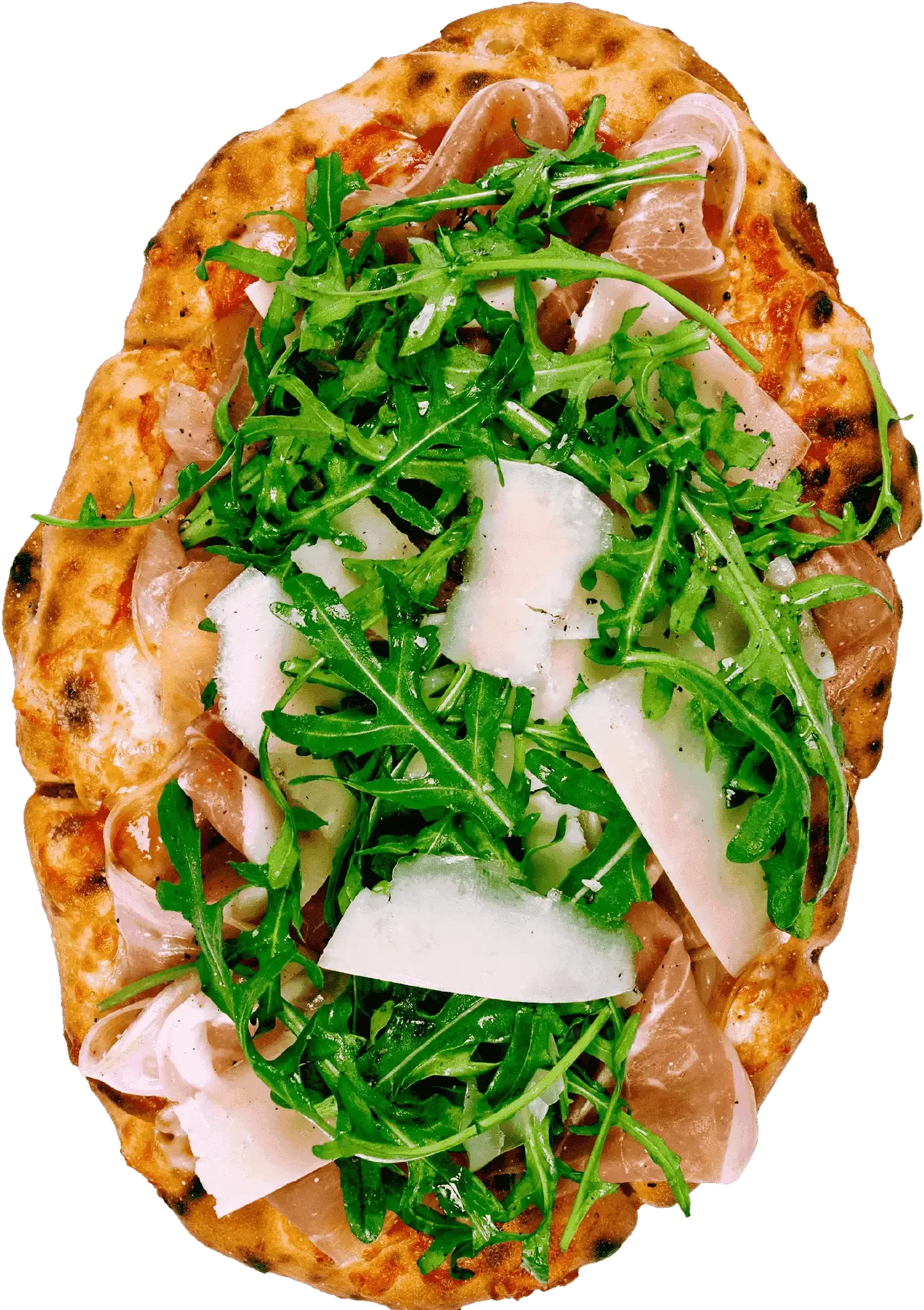 Prosciutto & Arugula Pizza top down shot