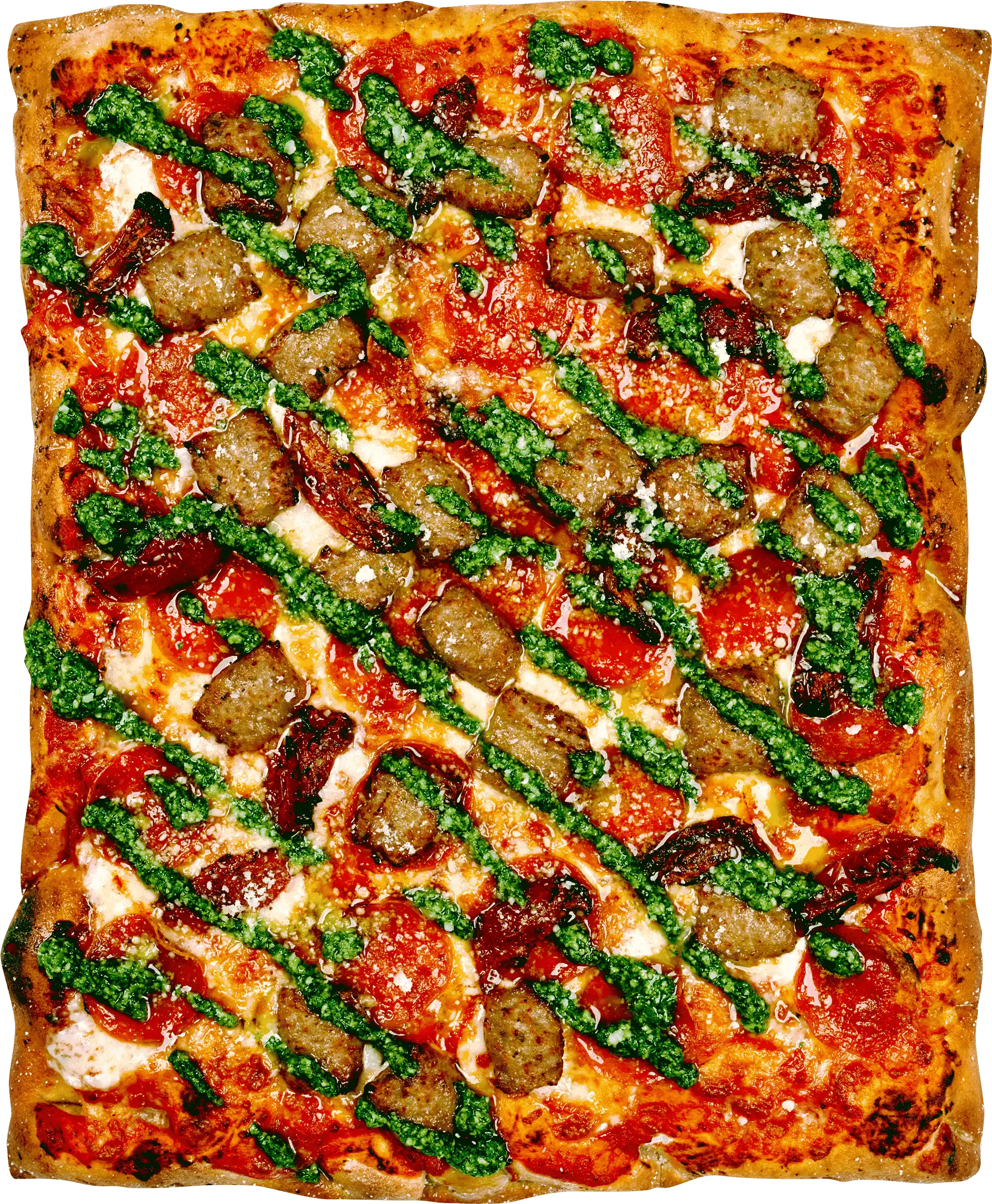 Pepperoni Sausage Pesto Pizza top down shot