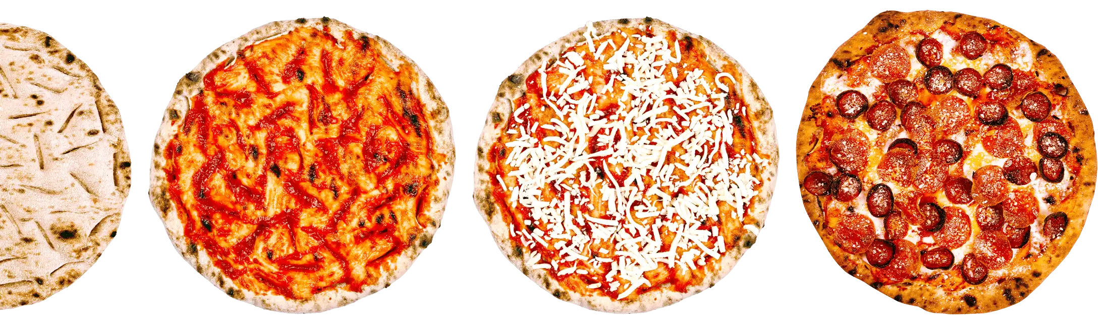 Four topped pizza crusts