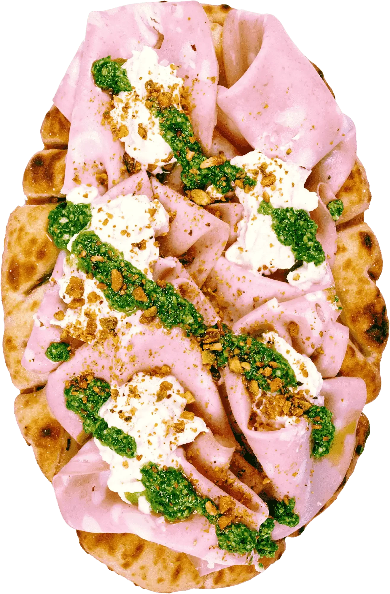 Mortadella, Stracciatella & Pesto top down shot