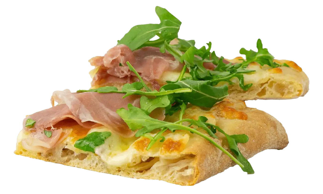 Side shot of prosciutto flatbread